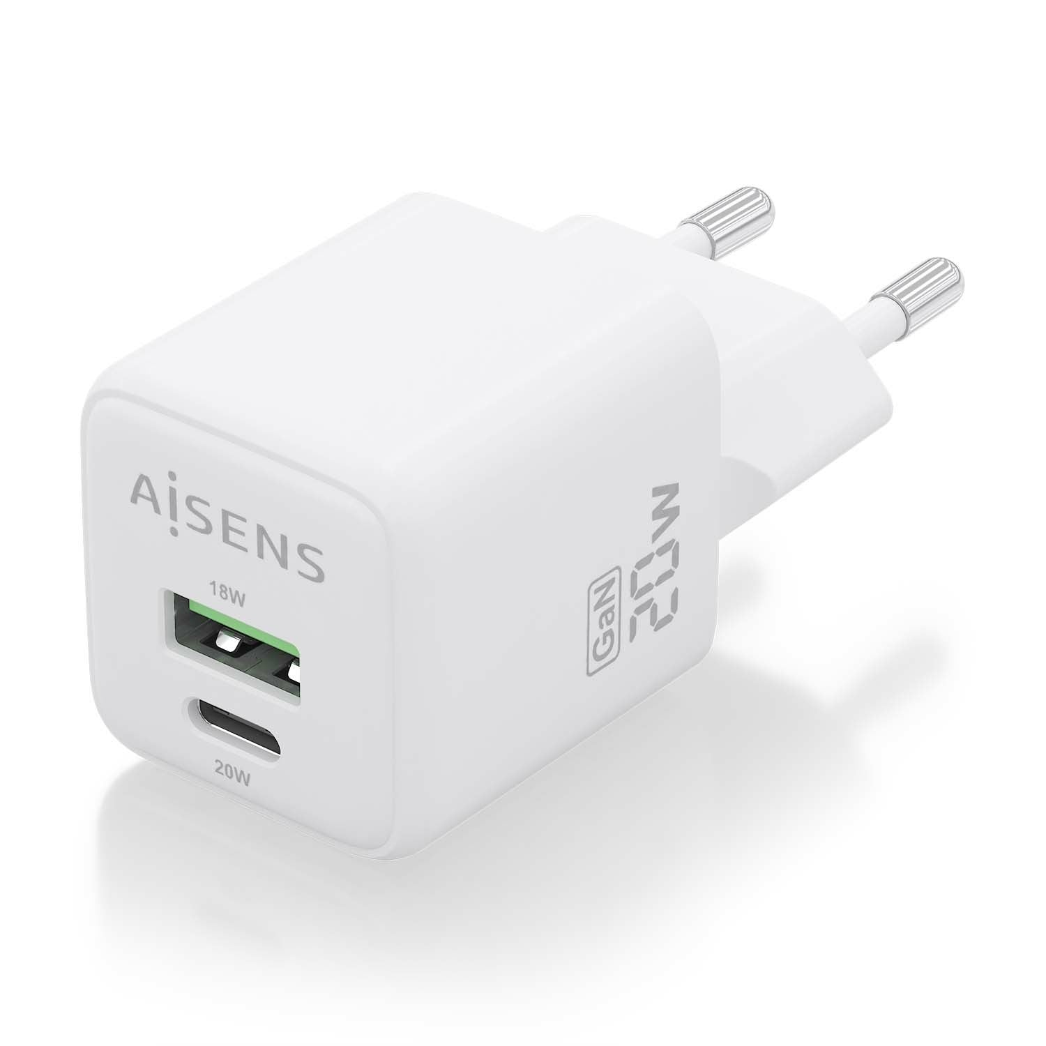 AISENS Cargador GaN 20W, 1xUSB-C PD3.0 QC4.0, 1xUSB-A QC3.0, Blanco