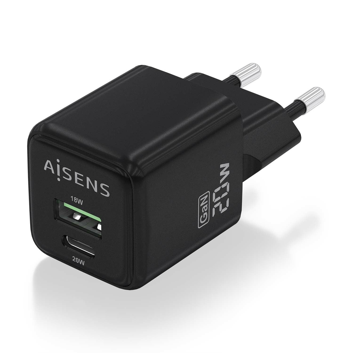 AISENS Cargador GaN 20W, 1xUSB-C PD3.0 QC4.0, 1xUSB-A QC3.0, Negro