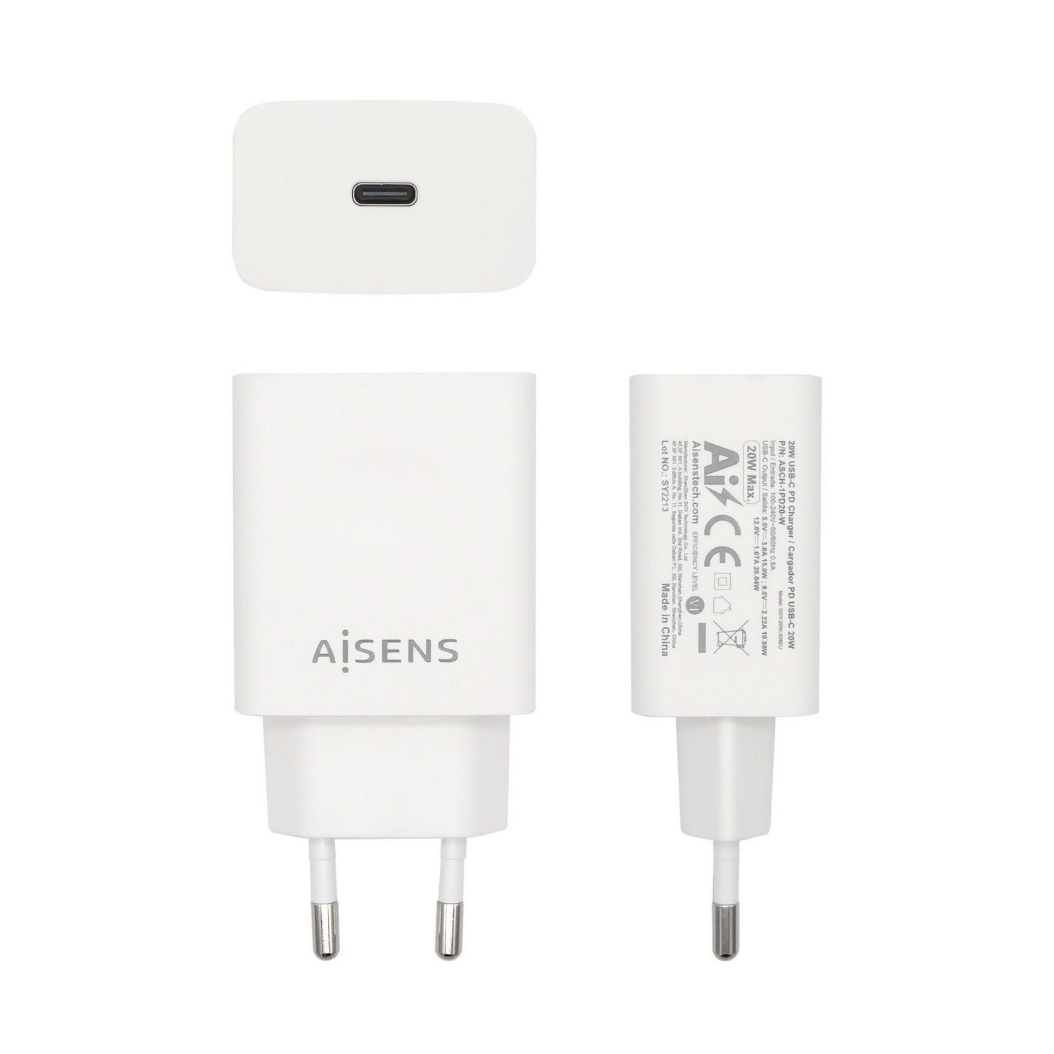AISENS Cargador USB-C PD 3.0 1 Puerto 1x USB-C 20 W, Blanco