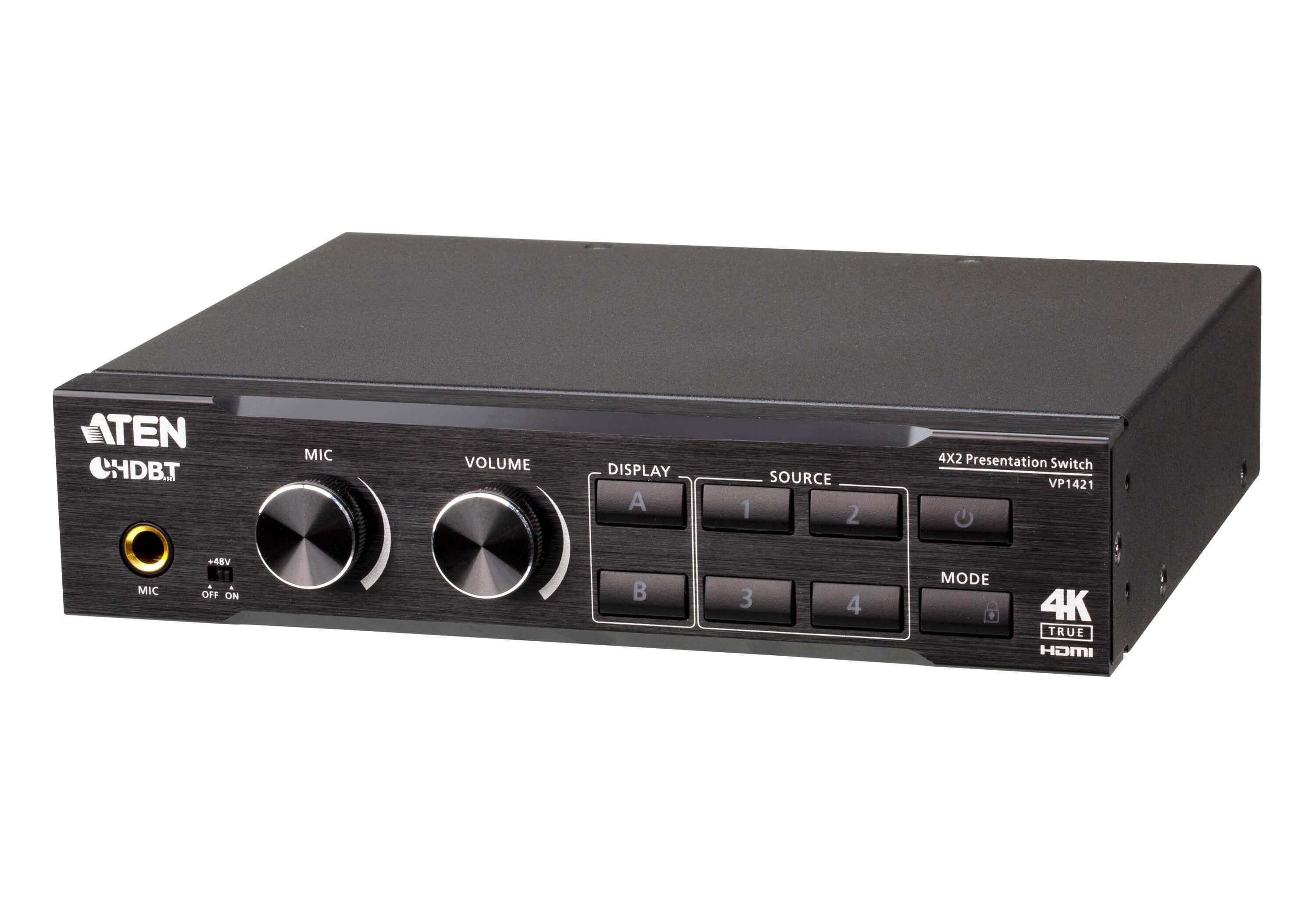 ATEN Switch de presentaci+¦n True 4K 4 x 2 con escalador de v+¡deo, DSP y HDBaseT-Lite