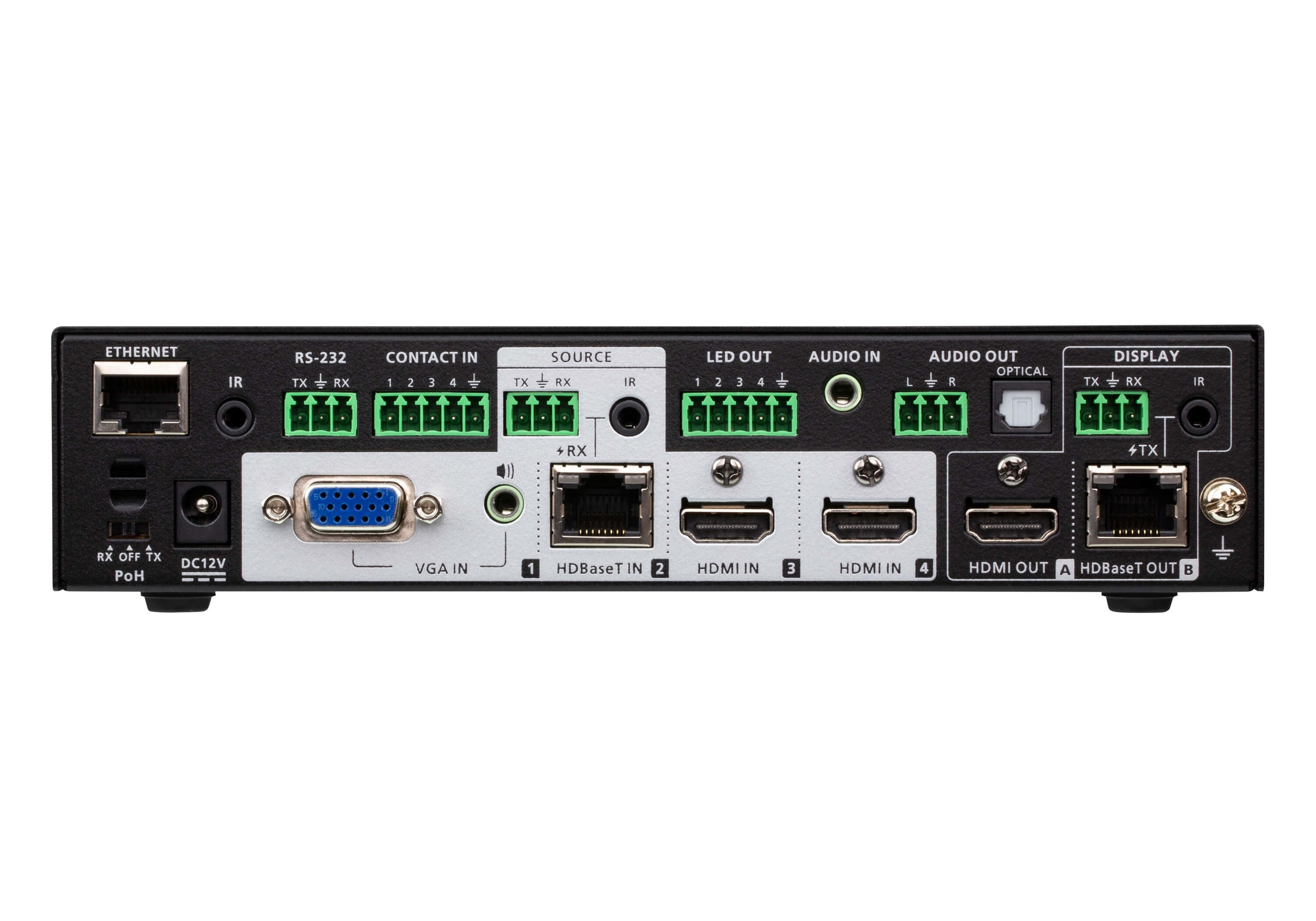 ATEN Switch de presentaci+¦n True 4K 4 x 2 con escalador de v+¡deo, DSP y HDBaseT-Lite