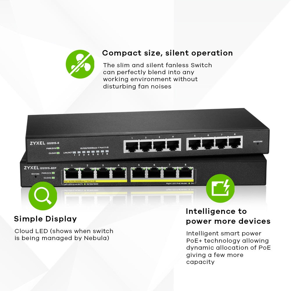 Zyxel GS1915-8EP Gestionado L2 Gigabit Ethernet (10/100/1000) Energ+¡a sobre Ethernet (PoE) Negro